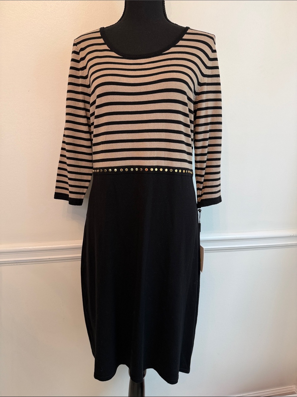 NWT Calvin Klein Black Tan Knit Striped Studded Dress M